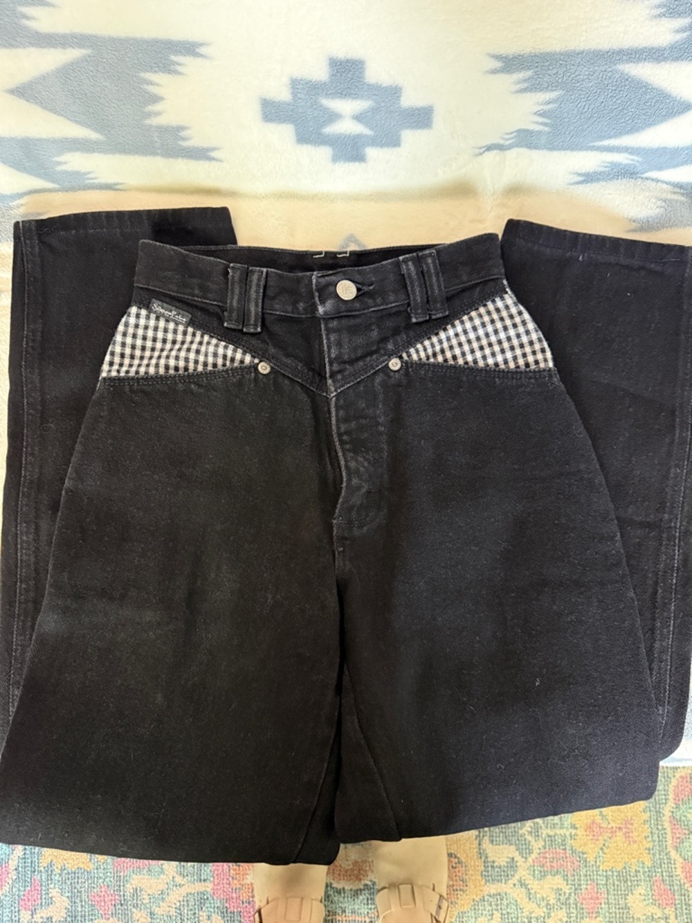 Vintage Wrangler SilverLake High-Rise Black Jeans with Gingham Pocket Trim